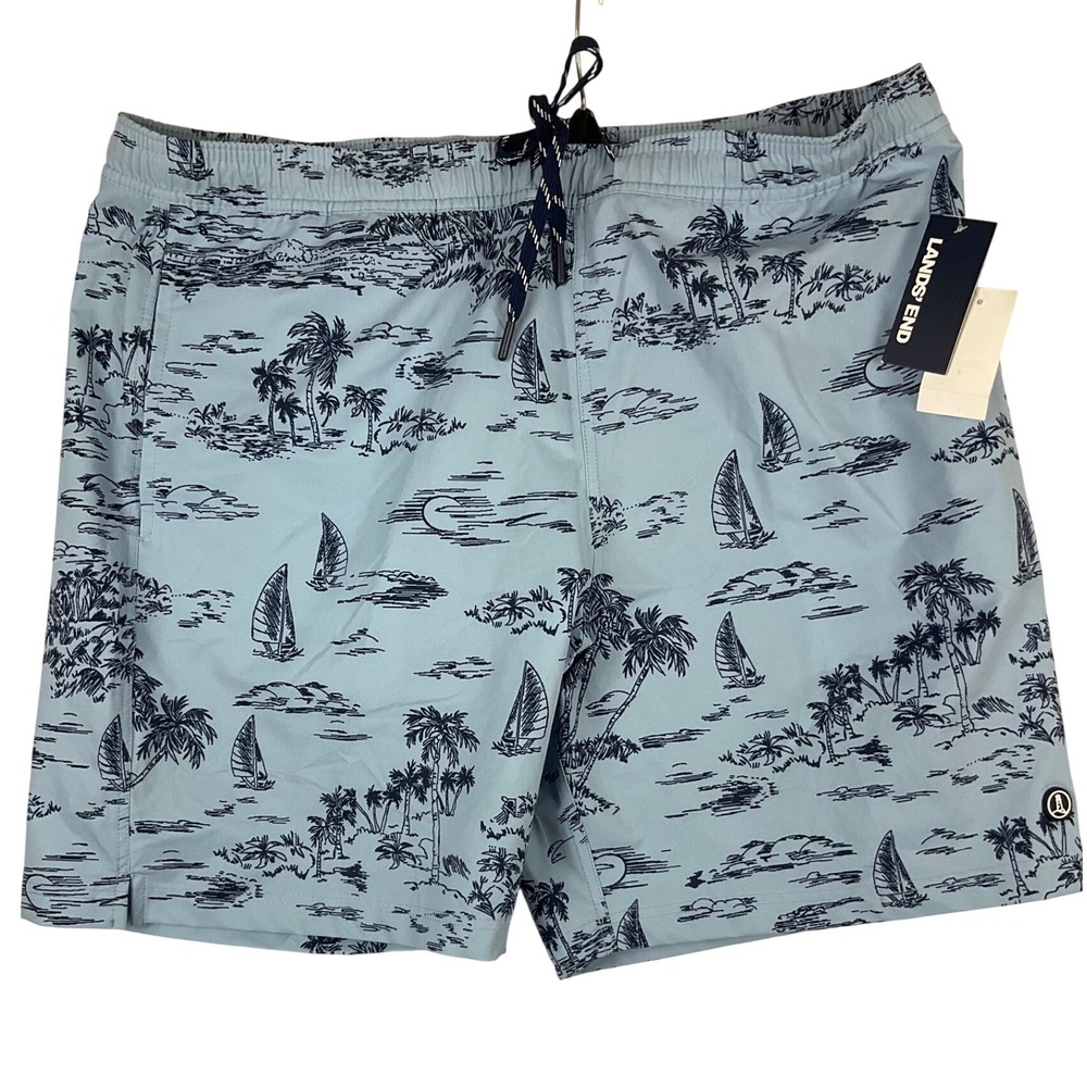 Lands End Mens XL Swim Trunks Blue Island Palm Tree‎ Sailboat UPF 50 NWT M24